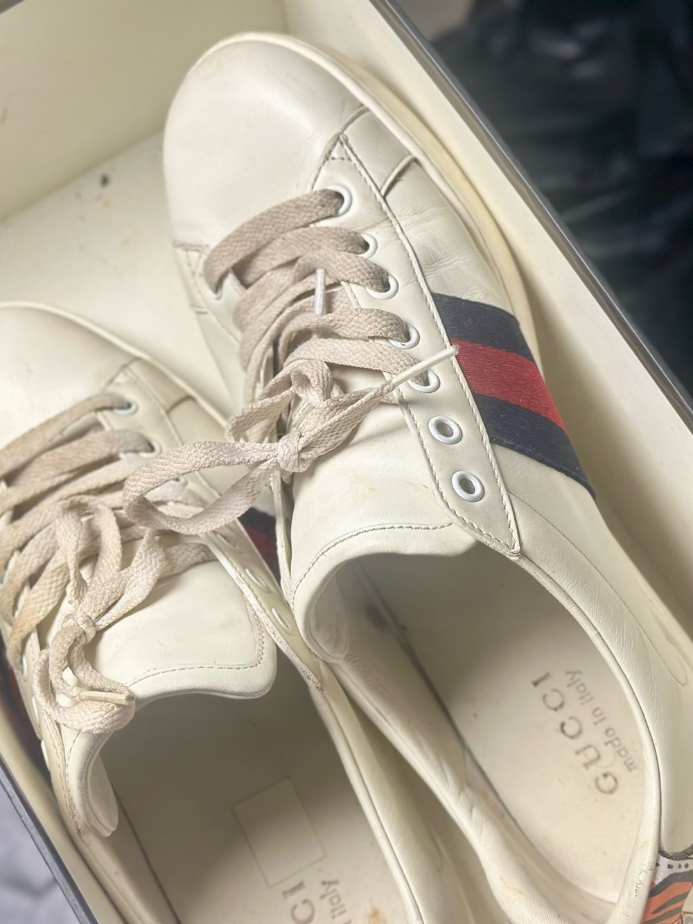Gucci Cream Leather Sneakers with Red & Navy Web